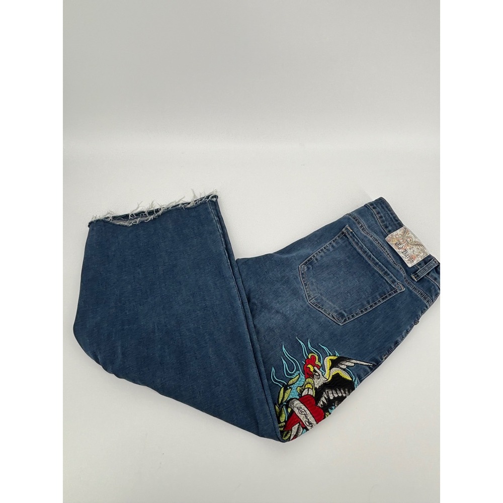 Ed Hardy Denim Mens 34 Blue Embroidered Wide Leg Tattoo Jeans WEHD8300-3